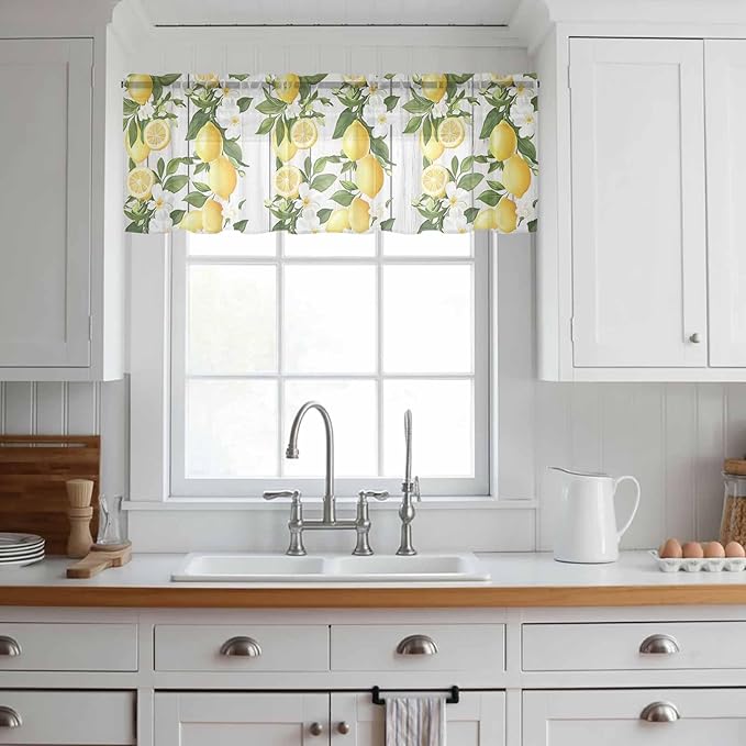 Spring Summer Lemon Sheer Valance Curtains, Leaf Flower White Wood Grain Light Filtering Kitchen Valances Rod Pocket Voile Curtain Window Treatment for Bedroom/Living Room/Basement 60Wx18L