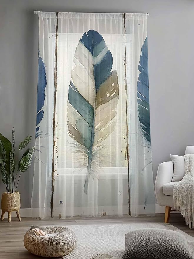 Sheer Curtains 96 Inches Long, Boho Blue Feathers Semi Sheer Curtains Light Filtering Window Treatment, Farmhouse Vintage Wooden Grain Privacy Voile Drapes for Living Room Bedroom 52x96 Inch