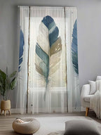 Sheer Curtains 84 Inches Long, Boho Blue Feathers Semi Sheer Curtains Light Filtering Window Treatment, Farmhouse Vintage Wooden Grain Privacy Voile Drapes for Living Room Bedroom 52x84 Inch