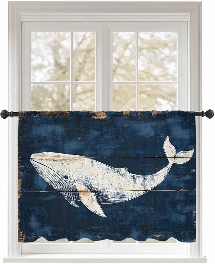 Sheer Curtains 54 Inch Length, Ocean Whale Blue Semi Sheer Curtains Light Filtering Window Treatment, Coastal Vintage Wooden Grain Privacy Voile Drapes for Living Room Bedroom 52x54 Inch