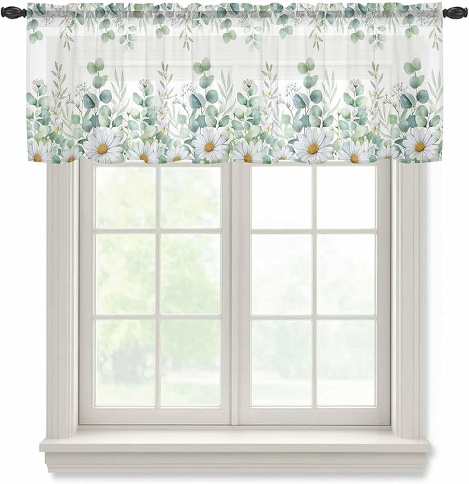 Eucalyptus Leaves Daisy Sheer Valance Curtains, Summer Farmhouses Flower Light Filtering Kitchen Valances Rod Pocket Voile Curtain Window Treatment for Bedroom/Living Room/Basement 54Wx18L