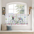 Spring Tier Curtains, Bicycles Botanical Leaves Rose Colorful Stripes Light Filtering Kitchen Curtains, 2Pcs Rod Pocket Half Window Treatments Panels for Sink Cafe Cabinet Camper 27.5x24 Inches
