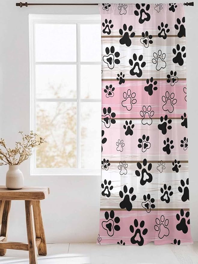 Sheer Curtains 96 Inches Long, Pink Beige Paw Print Semi Sheer Curtains Light Filtering Window Treatment, Vintage Farmhouse Country Wooden Grain Privacy Voile Drapes for Living Room Bedroom 52x96 Inch