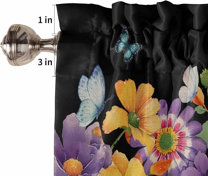 Spring Flowers Living Room Curtains 72 Inches length, Watercolor Country Colorful Floral Black Window Treatment Curtain Drapes, Light Filtering Drapes for Bedroom Laundry Room, 52"x72", 2 Panels