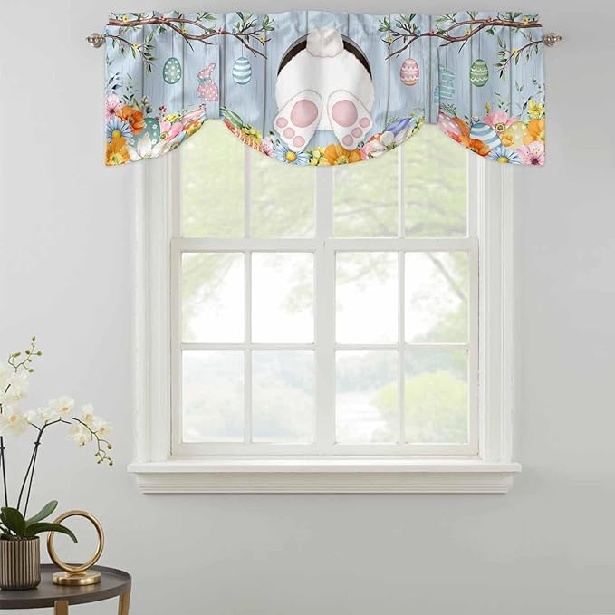 Easter Tie Up Valance Curtains for Windows, Kitchen Curtains Window Shades, Spring Watercolor Bunny Eggs Flower Wood Grain Blue Light Filtering Roman Curtain Valances for Bedroom/Bathroom/Cafe 42"x18"