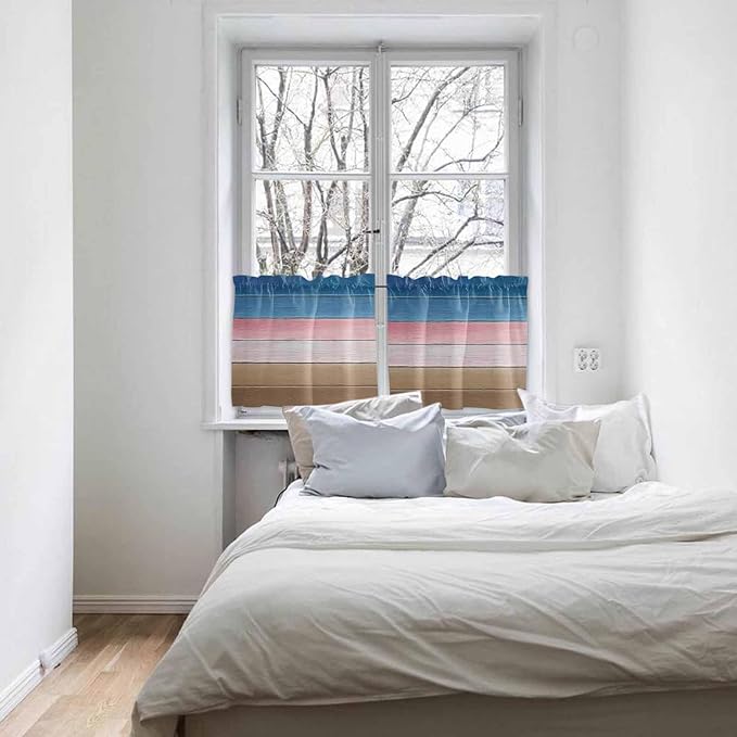 Blue Pink Brown Gradient Wood Grain Window Valance Curtains, Vintage Wood Board Light Filtering Kitchen Valance with 3-inch Rod Pocket for Living Room Bathroom Bedroom,2 Panel,27.5x36In