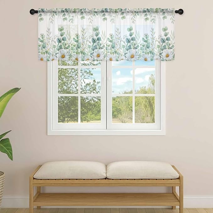 Eucalyptus Leaves Daisy Sheer Valance Curtains, Summer Farmhouses Flower Light Filtering Kitchen Valances Rod Pocket Voile Curtain Window Treatment for Bedroom/Living Room/Basement 60Wx18L