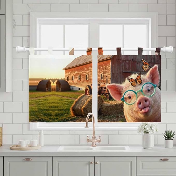 Farm Pig Kitchen Curtains 36 Inch Length, Small Window Curtains Tab Top, Farmhouse Barn Funny Animals Butterfly Light Filtering Short Window Treatments Tier Drapes 27.5"x36" 2 Panel