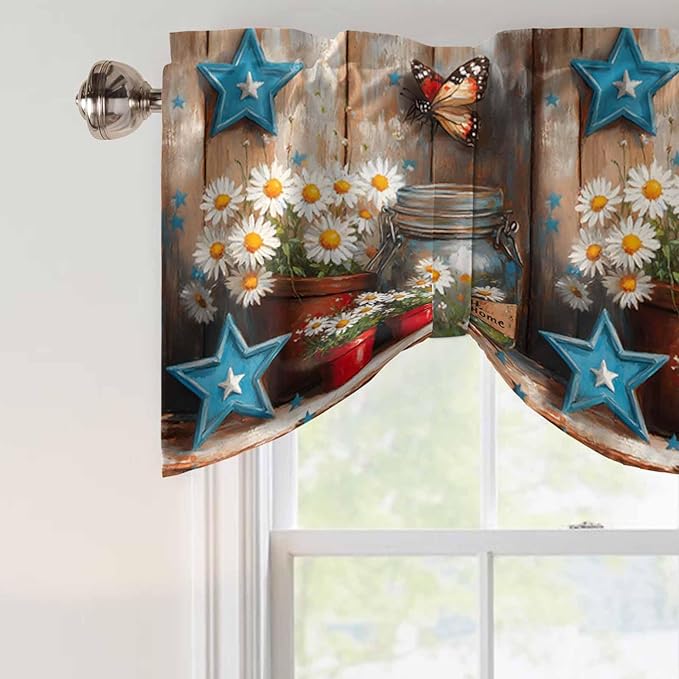 Country Flower Tie Up Valance for Window, Western Texas Star Butterfly Barn Door Adjustable Balloon Window Shade Valance Curtain for Kitchen Cafe Bathroom Window Treatment Panel 42''x12''