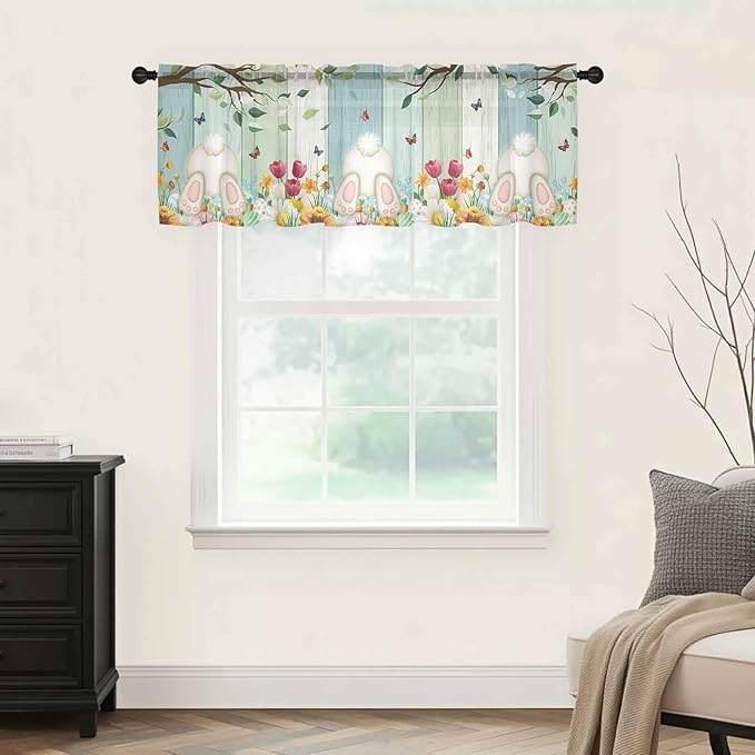 Easter Sheer Valances for Windows 54"x18", Light Filtering Kitchen Curtains Valance, Spring Watercolor Eggs Country Tulip Wooden Grain Rod Pocket Chiffon Curtains for Living Room Bedroom Cafe
