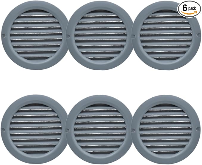 VENTS-US - 4" Round Plastic Vent Cover in Slate Grey with Built-in Insect Screen and Flange for Air Supply or Exhaust Air Applications - Compatible with a 4 Inch Diameter Duct (6-Pack)