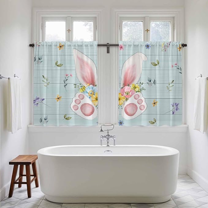 Easter Kitchen Tier Curtains 45 Inch Long 2 Panel Set,Rod Pocket Short Window Treatment,Spring Rabbits Ears Feet Flowers Wooden Grain Light Filtering Curtains & Drapes for Bathroom 27.5"W x 45"L
