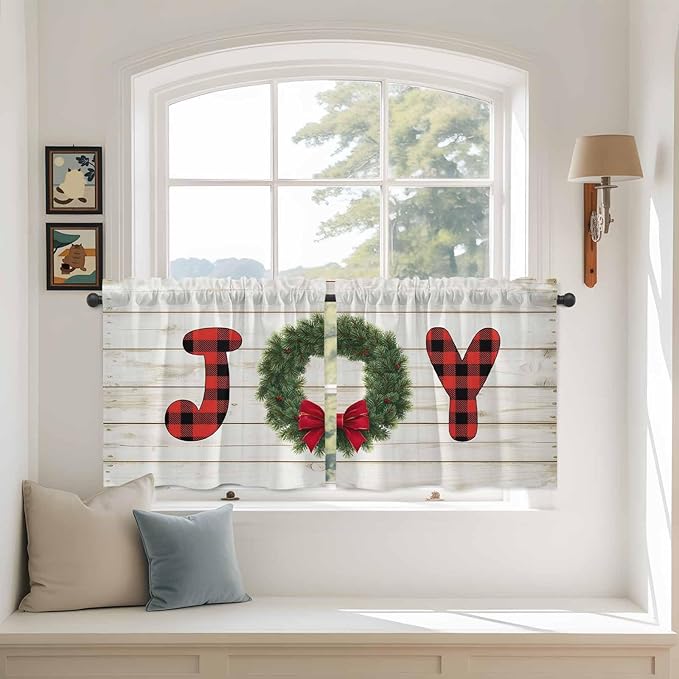 Christmas Wreaths Kitchen Tier Curtains 24 Inch Long 2 Panel Set,Rod Pocket Cafe Small Window Curtains Over Sink,Winter Bow Plaid Farmhouse Wooden Grain Short Drapes for Bathroom Cabinet 27.5"W x 24"L