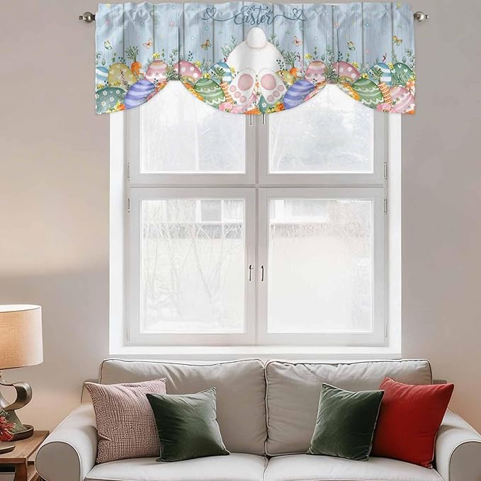 Spring Easter Tie Up Valance Curtains for Windows, Kitchen Curtains Window Shades, Rabbit Ears Foot Colorful Eggs Wooden Plank Light Filtering Roman Curtain Valances for Bedroom/Bathroom/Cafe 54"x18"