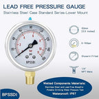0-160 Psi Lead-Free Glycerin Liquid Filled Low Pressure Gauge, 2.5" Dial Size, 1/4" G Lower Mount, 304 Stainless Steel Case, for Water Pipe, HVAC, Water Oil Air Pressure Test