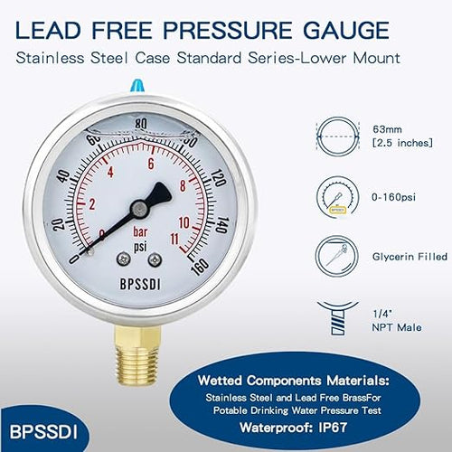 0-160 Psi Lead-Free Glycerin Liquid Filled Low Pressure Gauge, 2.5" Dial Size, 1/4" G Lower Mount, 304 Stainless Steel Case, for Water Pipe, HVAC, Water Oil Air Pressure Test