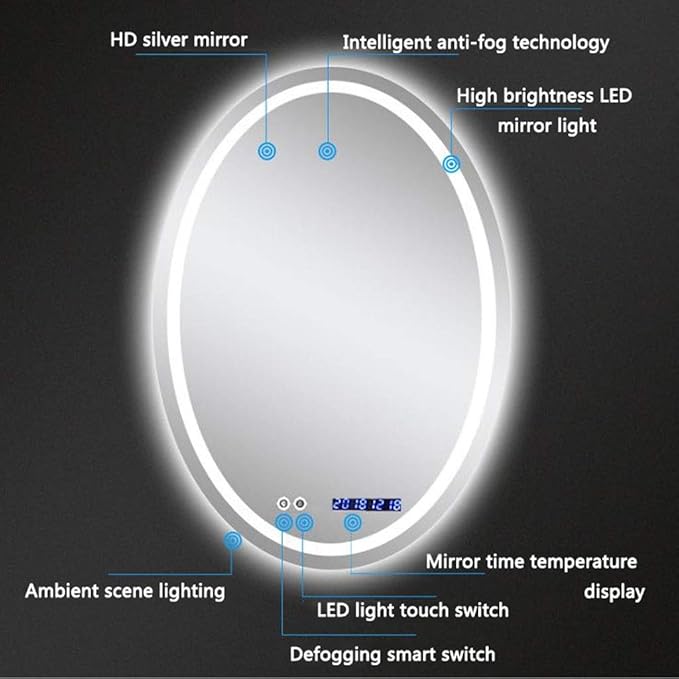 Oval LED Bathroom Mirror Wall Makeup Mirrors Shaving Mirror with Lights and Demister Pad Time Display (Color : Warm Light Size : 600 * 800mm) (Warm Light 500 * 700mm)