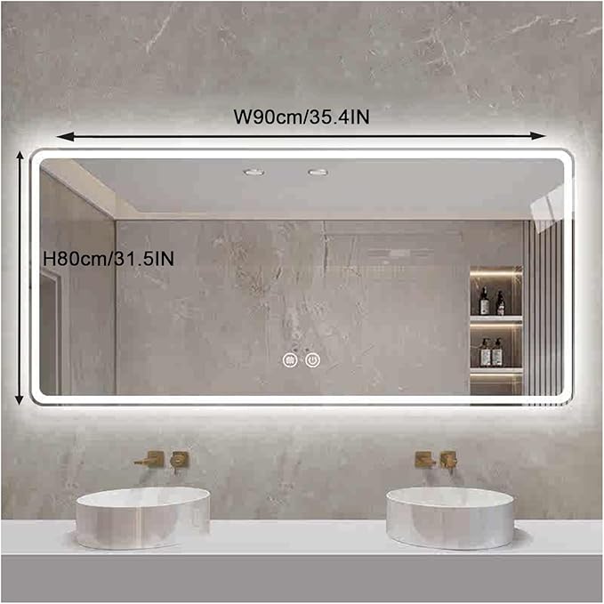 Smart Illuminated LED Bathroom Mirror，Bathroom Mirror with LED Lights，Energy-Saving LED Smart Mirrors，LED Mirror for Bathroom，with Demister Pad and Smart Touch Switch(H80*W90cm/H31.5*W35.4IN)