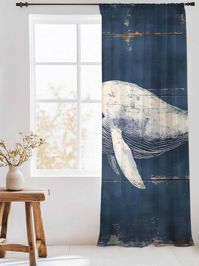 Sheer Curtains 96 Inches Long, Ocean Vintage Whale Semi Sheer Curtains Light Filtering Window Treatment, Summer Retro Wood Grain Privacy Voile Drapes for Living Room Bedroom 52x96 Inch