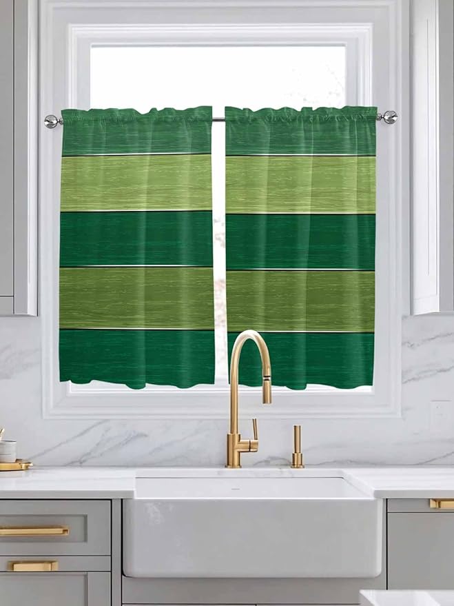Farm Retro Green Wood Grain Window Valance Curtains, Rustic Wooden Plank Texture Light Filtering Kitchen Valance with 3-inch Rod Pocket for Living Room Bathroom Bedroom,2 Panel,52x45In