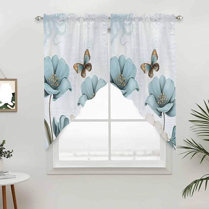 Blue Tulips Swag Valances for Windows, Watercolor Flowers Butterfly Spring Farmhouse Blue Rod Pocket Kitchen Curtains Valance, Kitchen Window Curtains Swag for Cafe Living Room, 2 Panels, 36x45 inch
