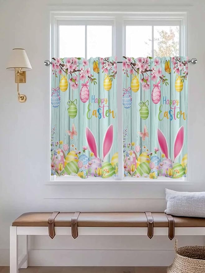 Happy Easter Kitchen Curtains 45 Inches length, Spring Bunny Eggs Flower Teal Wood Grain Window Treatment Curtain Drapes, Lightweight Window Panels for Living Room Bedroom, 52"x45", 2 Panels