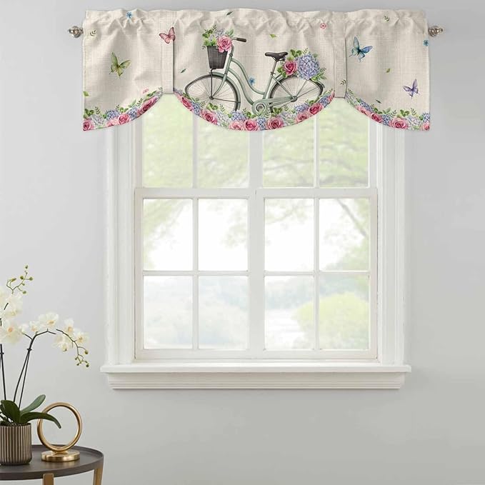 Farmhouse Spring Tie Up Valance Curtains for Windows, Kitchen Curtains Window Shades, Retro Bicycles Flowers Vines Butterfly Light Filtering Roman Curtain Valances for Bedroom/Bathroom/Cafe 54"x18"