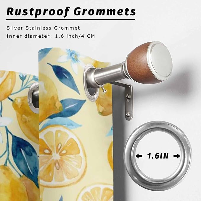 Lemon Outdoor Curtains for Patio Lemon Leaves Summer Plants Begin Waterproof Outside Curtains with Grommet Top Weatherproof Curtain for Cabana Pergola Gazebo, 2 Pack, 54" W x 84" L