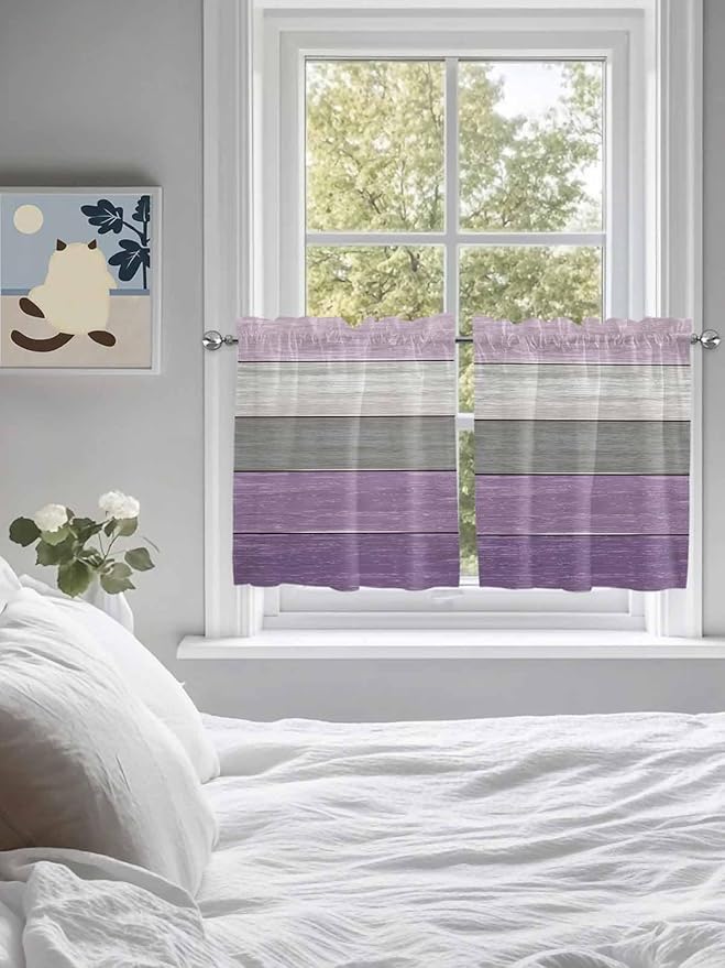 Country Wood Board Gray Purple Window Valance Curtains, Farmhouse Gradient Plank Light Filtering Kitchen Valance with 3-inch Rod Pocket for Living Room Bathroom Bedroom,2 Panel,27.5x24In
