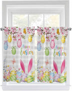 Happy Easter Tier Curtains 45 Inches Long, Spring Watercolor Bunny Eggs Flower Grey Plaid Window Treatment Curtain Drapes, Window Half Privacy Curtains for Bedroom Bathroom, 42"x45", 2 Panels