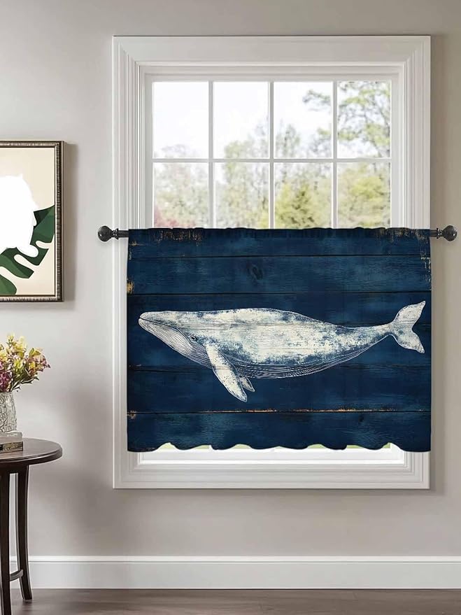 Sheer Curtains 54 Inch Length, Summer Whale Semi Sheer Curtains Light Filtering Window Treatment, Ocean Watercolor Wooden Grain Blue Privacy Voile Drapes for Living Room Bedroom 52x54 Inch