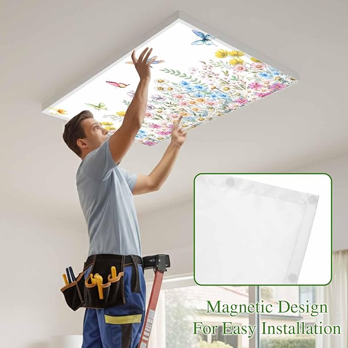 Fluorescent Light Covers for Ceiling Lights Spring Flowers Magnetic Light Filters 3 Pack 4x2 ft Daisy Butterflies Dragonfly Ceiling Lights Cover for Classroom Office School Home Drop Lamp Decor
