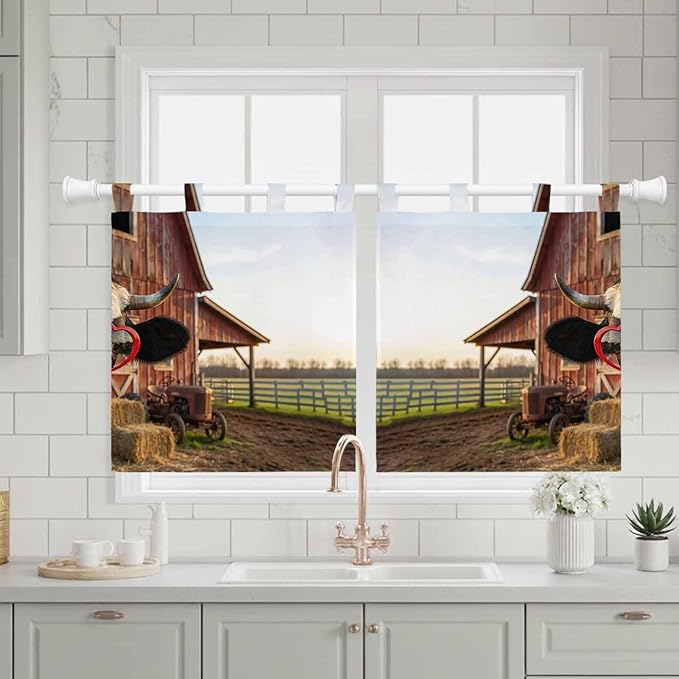 Farm Cows Kitchen Curtains 36 Inch Length, Small Window Curtains Tab Top, Farmhouse Barn Funny Animals Butterfly Light Filtering Short Window Treatments Tier Drapes 27.5"x36" 2 Panel