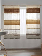 Sheer Curtains 72 Inches Long, Brown Wood Grain Semi Sheer Curtains Light Filtering Window Treatment, Vintage Country Geometric Striped Privacy Voile Drapes for Living Room Bedroom 52x72 Inch