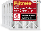 Filtrete 22x22x1 AC Furnace Air Filter, MERV 11, MPR 1000, Micro Allergen Defense, 3-Month Pleated 1-Inch Electrostatic Air Cleaning Filter, 6 Pack (Actual Size 21.69x21.69x0.81 in)