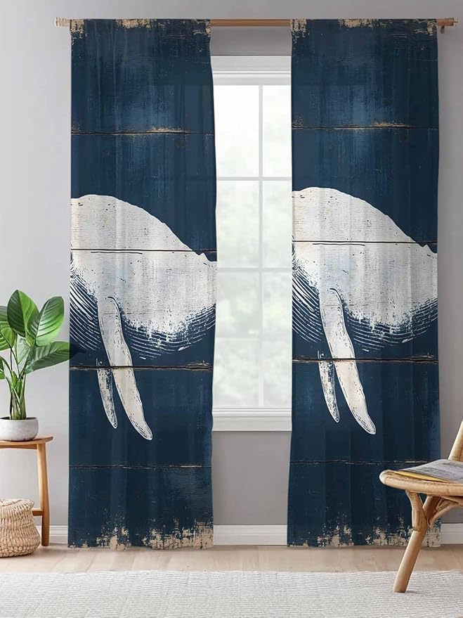 Sheer Curtains 108 Inches Long, Ocean Whale Blue Semi Sheer Curtains Light Filtering Window Treatment, Watercolor Coastal Vintage Wood Grain Privacy Voile Drapes for Living Room Bedroom 52x108 Inch