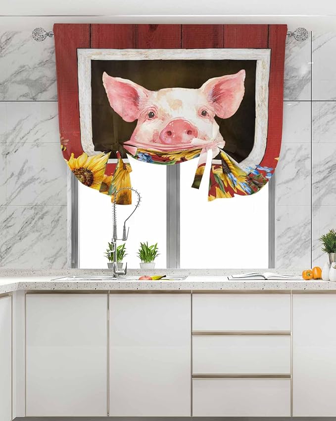 Tie Up Curtains for Windows, Pigs Sunflowers Adjustable Balloon Nature Linen Textured Kitchen Curtain, Farmhouse Red Barn Flowers Animals Decorative Tie Up Curtain for Window, 52" x 45"