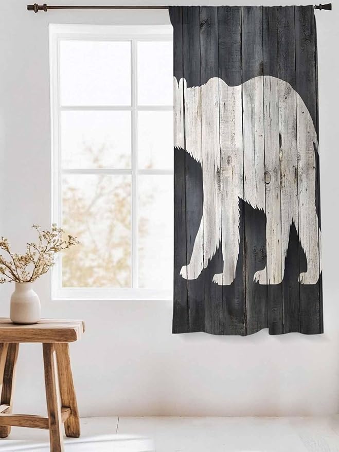 Sheer Curtains 63 Inch Length, White Brown Bear Semi Sheer Curtains Light Filtering Window Treatment, Rustic Counrty Vintage Wood Grain Privacy Voile Drapes for Living Room Bedroom 52x63 Inch