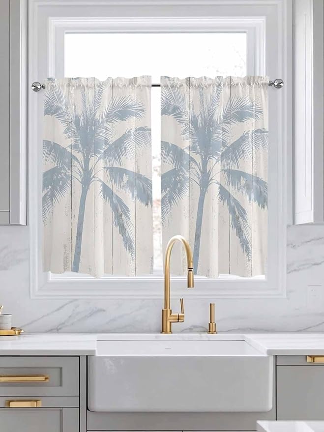 Summer Coconut Tree on Vintage Wood Grain Window Valance Curtains, Seaside Plants Light Filtering Kitchen Valance with 3-inch Rod Pocket for Living Room Bathroom Bedroom,2 Panel,27.5x45In