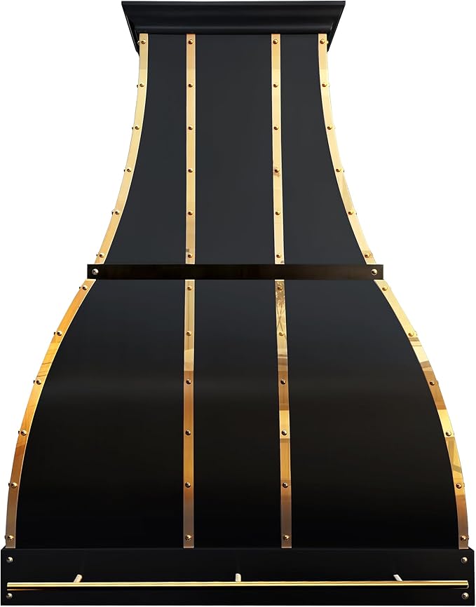CHETTO C Stainless Steel Range Hood Cover with 4-Speed Vent Hood Insert Custom Handmade Metal Kitchen Fan with Towel Rack LED Light 48"W x27"D x60"H Black Island Mount