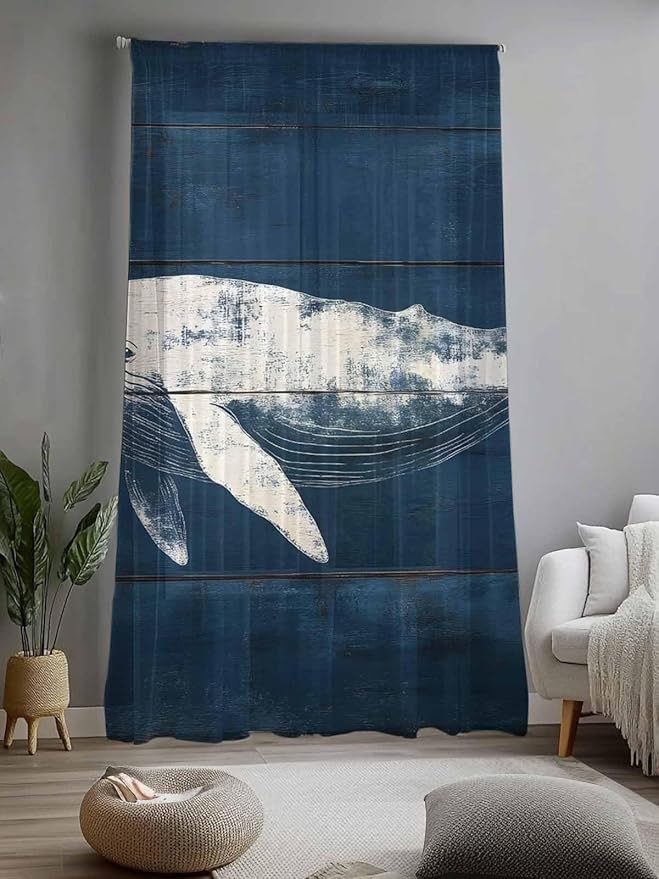 Sheer Curtains 84 Inches Long, Summer Whale Semi Sheer Curtains Light Filtering Window Treatment, Ocean Vintage Wooden Grain Blue Privacy Voile Drapes for Living Room Bedroom 52x84 Inch