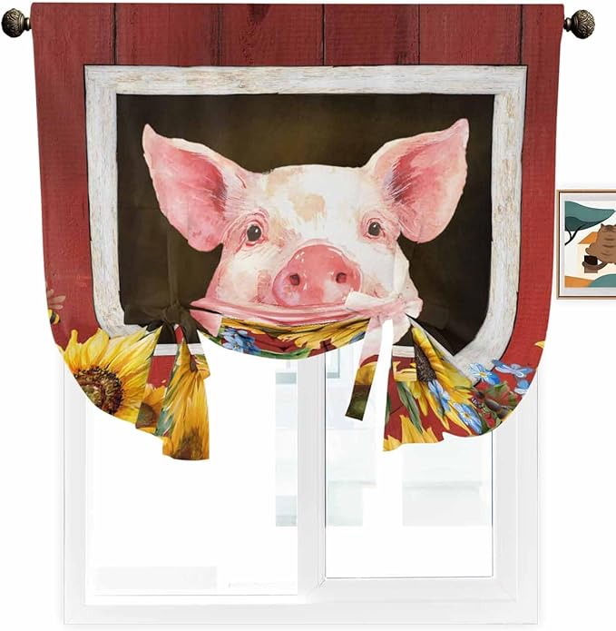Tie Up Curtains for Windows, Pigs Sunflowers Adjustable Balloon Nature Linen Textured Kitchen Curtain, Farmhouse Red Barn Flowers Animals Decorative Tie Up Curtain for Window, 52" x 45"