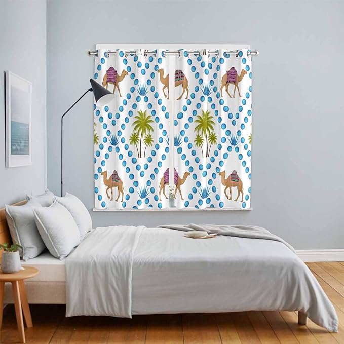 2 Panel Kitchen Cafe Curtains, Camels Palm Trees Sunlight Filtering Nature Air Through, Home Decor Window Covering Tier Curtains for Living Room 80W x 63L inch Tropical Desert Animal Plants Polka Dot