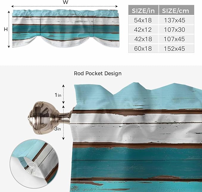 Turquoise Teal Tie Up Valance Curtains for Windows, Kitchen Curtains Window Shades, Farmhouse Retro Ombre Wooden Grain Light Filtering Roman Curtain Valances for Bedroom/Bathroom/Cafe 42"x12"