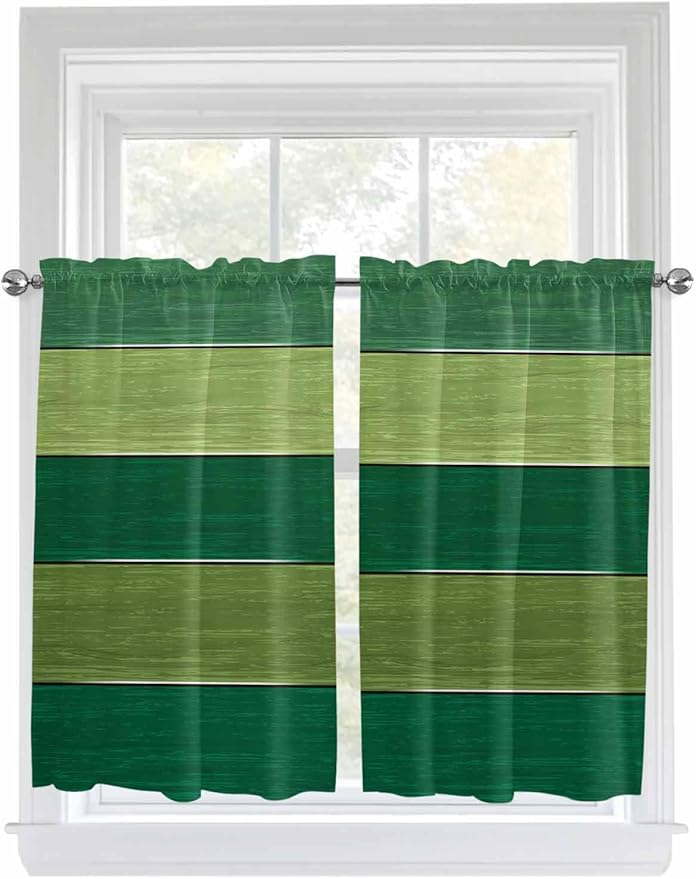 Farm Retro Green Wood Grain Window Valance Curtains, Rustic Wooden Plank Texture Light Filtering Kitchen Valance with 3-inch Rod Pocket for Living Room Bathroom Bedroom,2 Panel,42x45In