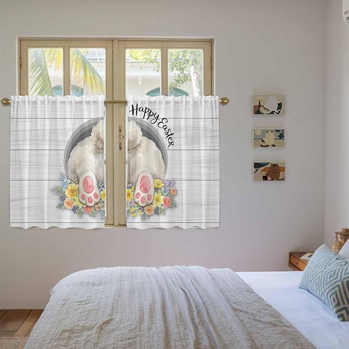 Easter Bunny Kitchen Curtains 54 Inch Long 2 Panel Set,Rod Pocket Window Curtains Panels,3D Optical Illusion Farmhouse Flower Wood Grain Light Filtering Drapery Draperies for Bathroom 52"W x 54"L