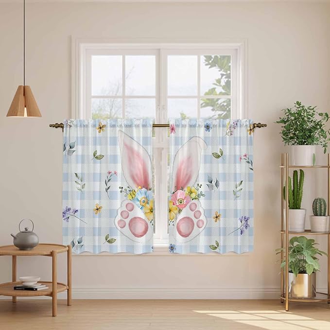 Easter Kitchen Curtains 54 Inch Long 2 Panel Set, Rod Pocket Window Curtains Panels, Spring Rabbits Ears Feet Floral Blue Lattice Light Filtering Drapery Draperies for Bathroom Bedroom 52"W x 54"L