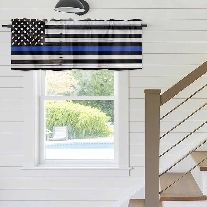 American Flag Valances for Windows, Blue Line Star Black White Stripes Wood Grain Kitchen Valance Light Filtering Rod Pocket Short Curtains for Kitchen Bathroom, 1 Panel, 42"x12"