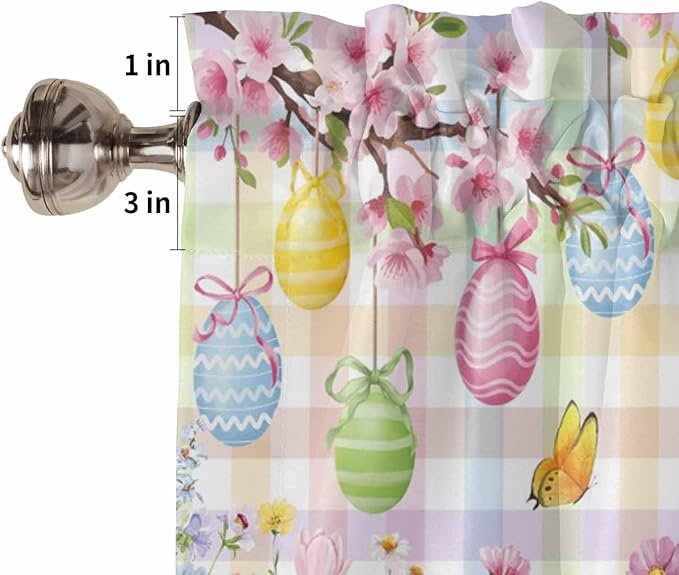 Happy Easter Kitchen Curtains 54 Inches Length, Spring Bunny Colorful Eggs Flower Plaid Window Treatment Curtain Drapes, Decorative Window Curtains for Bedroom Cafe, 52"x54", 2 Panels