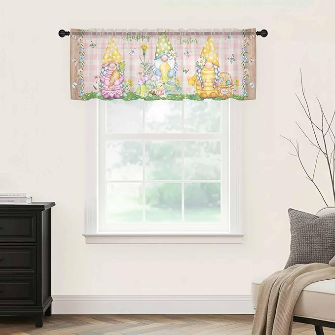 Happy Easter Sheer Valances for Windows 42"x12", Light Filtering Kitchen Curtains Valance, Spring Gnomes Duck Floral Eggs Pink Plaid Rod Pocket Chiffon Curtains for Living Room Bedroom Cafe